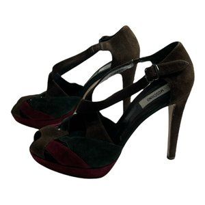 ❣️ Moschino Women's Brown Green Red Peep Toe Strappy Stiletto Heels Sz U…